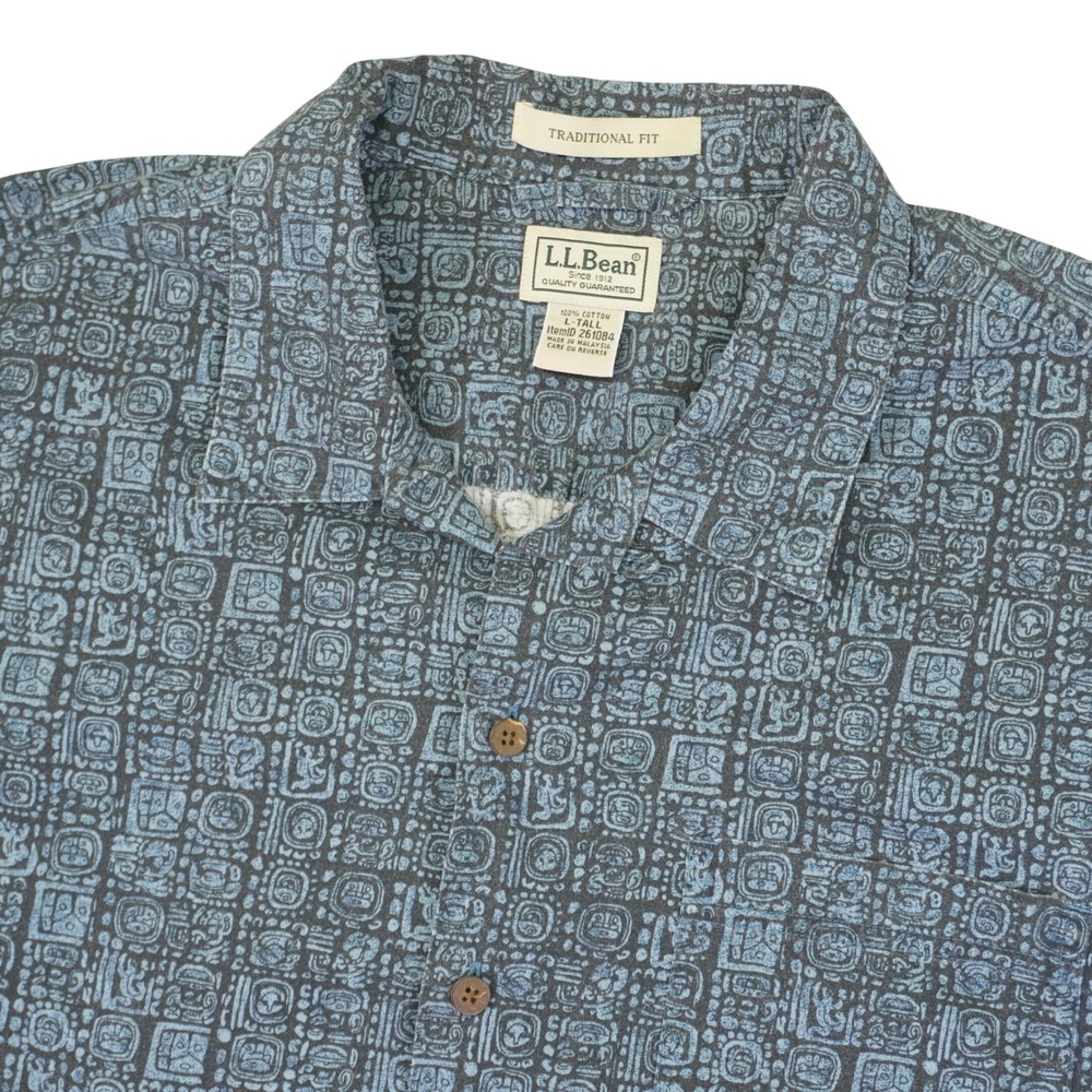 L.L. Bean Button Down Shirt Mens‎ L Tall Blue Mayan Aztec Glyph Cotton S/S